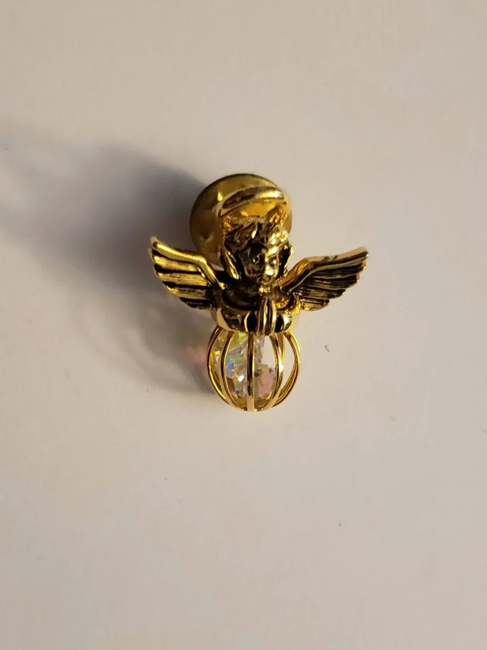 Goldtone Guardian Angel Halo Lapel Pin Brooch Cage with Rainbow Iridescent Beads